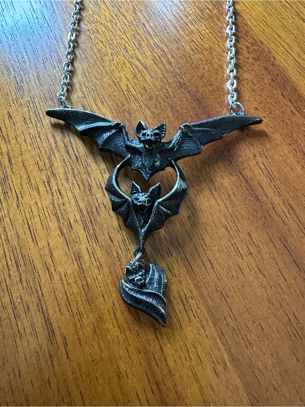 Triple Bat Pendant Necklace in Antique Silver Tone